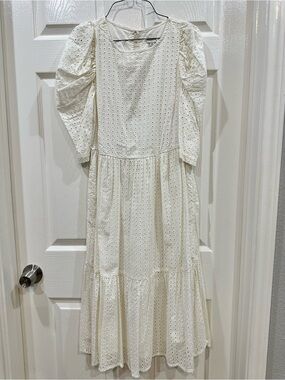 Eyelet Puff-Sleeve Midi Dress in Cream